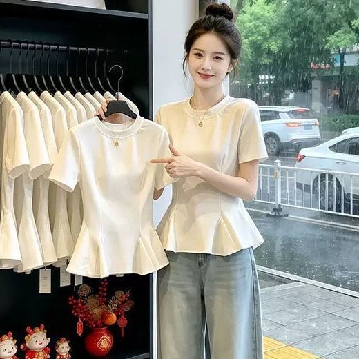 Ruffled Hem Summer New Cotton Short-Sleeve T-Shirt Plus Size Women's Clothing Regular Shoulder Slimming Top 100kg Ruffled Hem Summer New Cotton Short-Sleeve T-Shirt Plus Size Women's Clothing Regular Shoulder Slimming Top 100kg