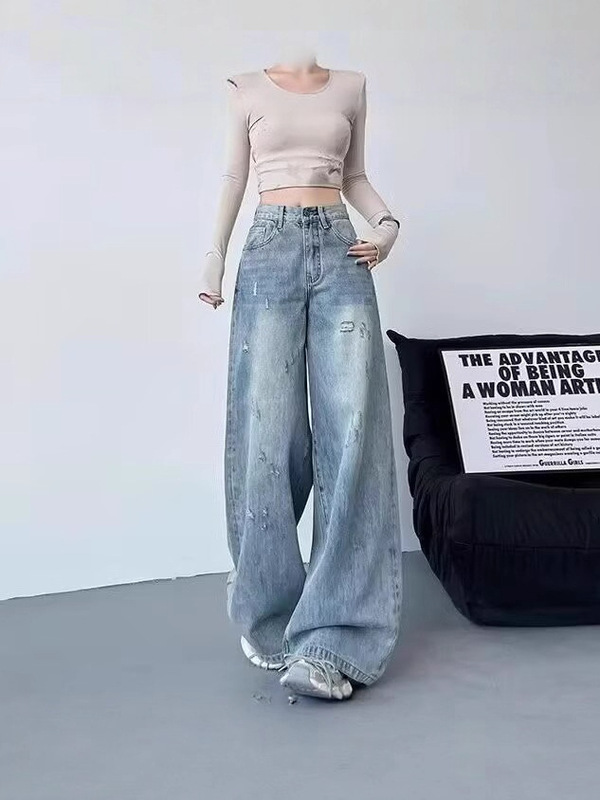 复古水洗磨破阔腿牛仔裤女春秋大码胖mm高腰宽松垂感直筒拖地裤子|undefined