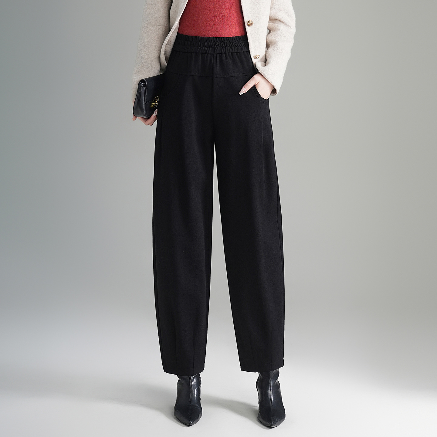 松紧腰宽松哈伦裤女2025年秋冬季新款高腰宽松休闲直筒裤烟管裤