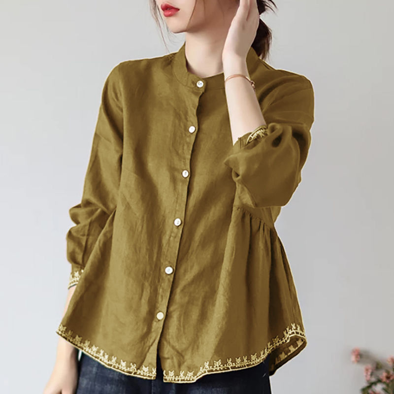 2022 Summer New Stand Collar Shirt Women's Cotton and Linen Long Sleeve Babydoll Shirt A-line Loose Belly Covering Top Plus Size Women's Clothing