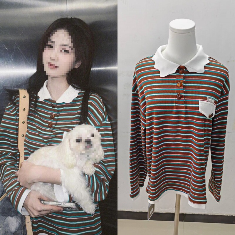 Long-Term In-Stock 2026 Spring Bai Lu Same Style Casual Sports Striped Color-Blocking Loose Polo Collar Long-Sleeve T-Shirt Top