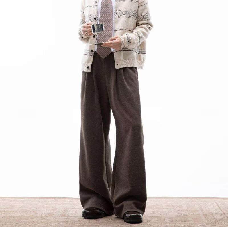 American-Style Brown Curved Hem Sweatpants for Men, Spring and Autumn Old Money Style, Drapey Wide-Leg Pants, Lazy Style Straight-Leg Casual Pants