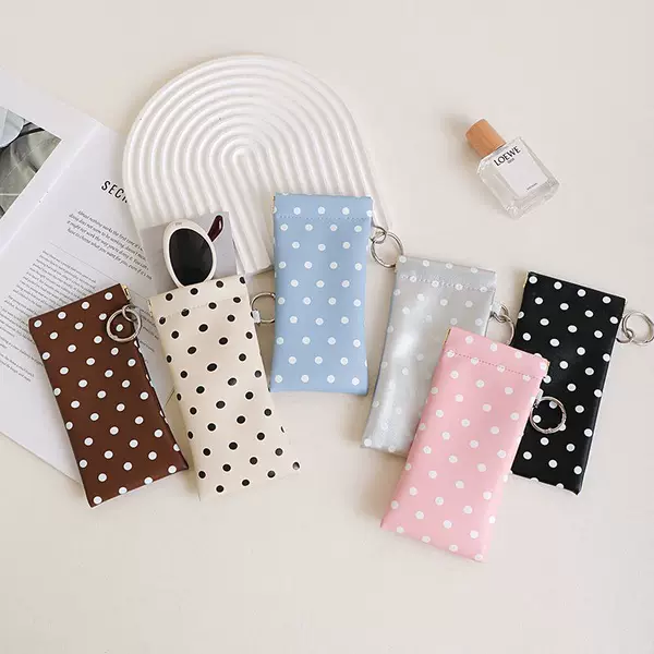 Portable Glasses Storage Bag with Polka Dot Design and Hook, Easy One-Hand Opening and Closing, Pu Waterproof and Dustproof Glasses Case