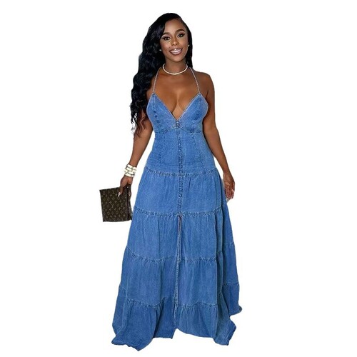 European and American women's cute and sexy V-neck halter dress with backless cake skirt long dress women's dress