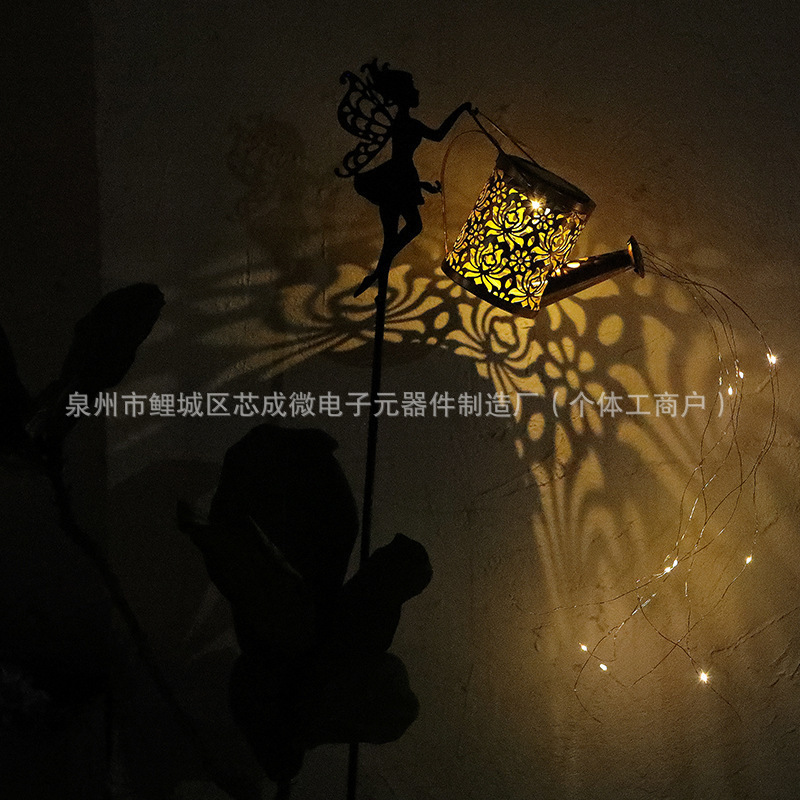Solar Lantern Wrought Iron Hollow Pattern Peony Water Kettle Projection Lamp Outdoor Garden Courtyard Porch Decorative Lamp