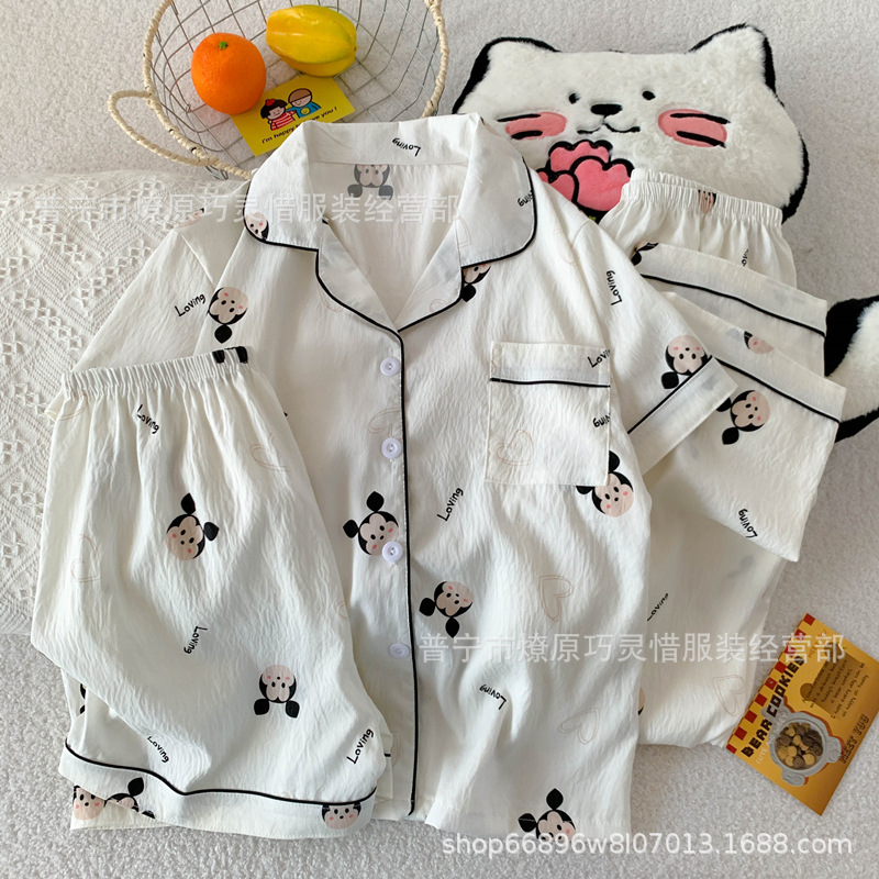 Pajamas de tres piezas de torta de oso para mujeres de verano, pantalones de manga corta, nubes de algodón adorable, viento en 2025 nueva ropa para el hogar