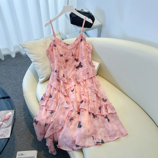 65-175kg Plus Size Women's Fashion Butterfly Floral Strap Dress Summer New Waist-Cinching Tea Break Dress