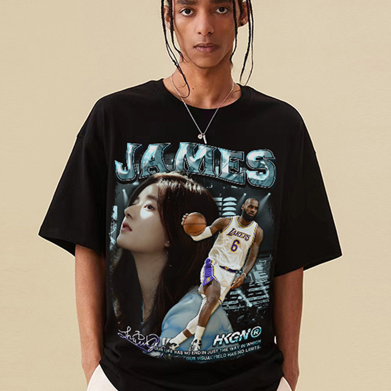 Star Printed Short Sleeve Vintage Old Washed T-Shirt Men's Curry Paul George Rose Loose Half Sleeve Suit