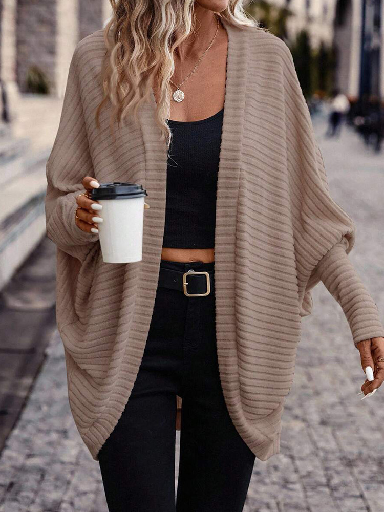 Women's Clothing V-Neck Knit Cardigan Sweater - Soft Loose Fit Long Sleeve Open Front Casual Pullover For Fall Winter (Black, Gray, Army Green)​_voghion.com