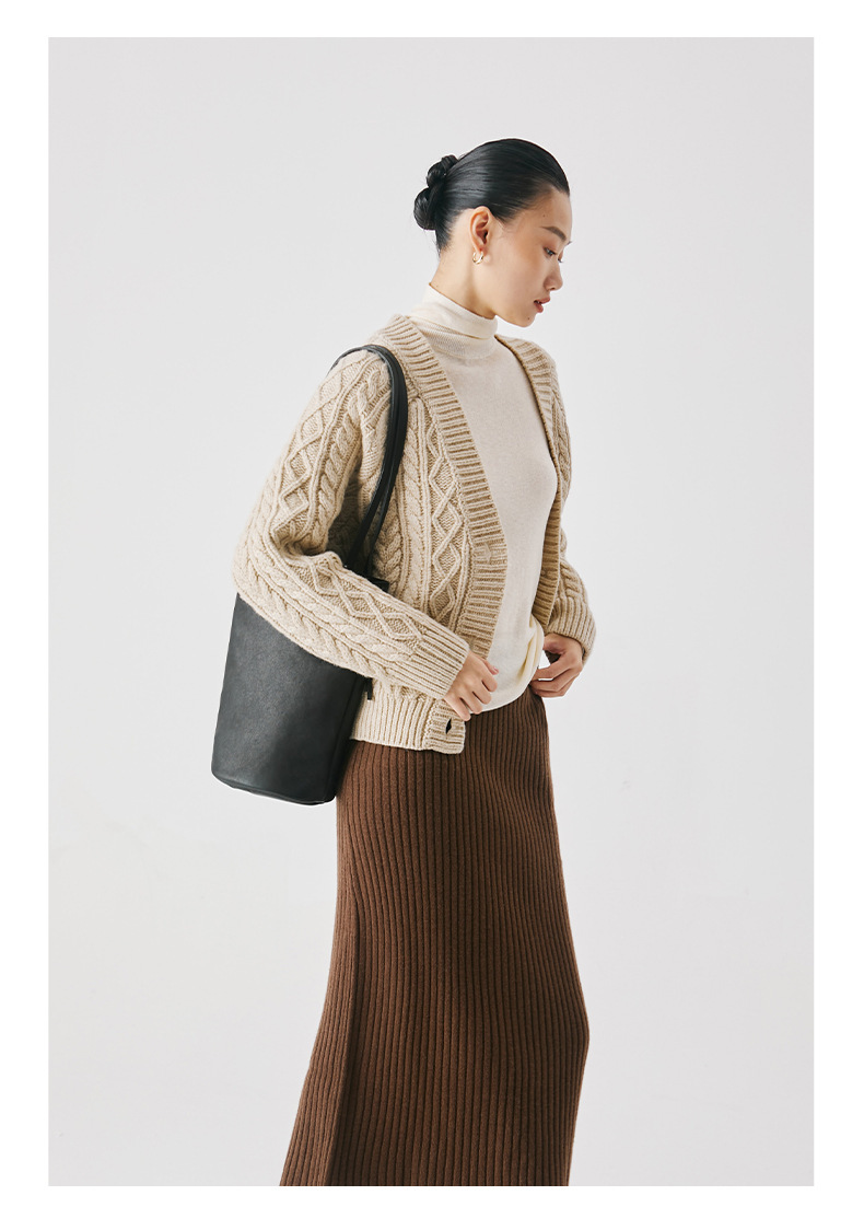 Qiu Zhen Lazy Water Bucket Genuine Shoulder Unique Soft Leather Women's Ba, Commutin Top Layer Plant Tanned Cowhide_voghion.com