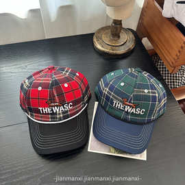 美式复古格子条纹刺绣条纹小狗棒球帽女软顶加深大头围嘻哈显脸小