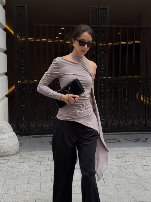 跨境欧美女装2025秋季新款时尚个性设计感单袖不规则绑带t恤上衣|undefined