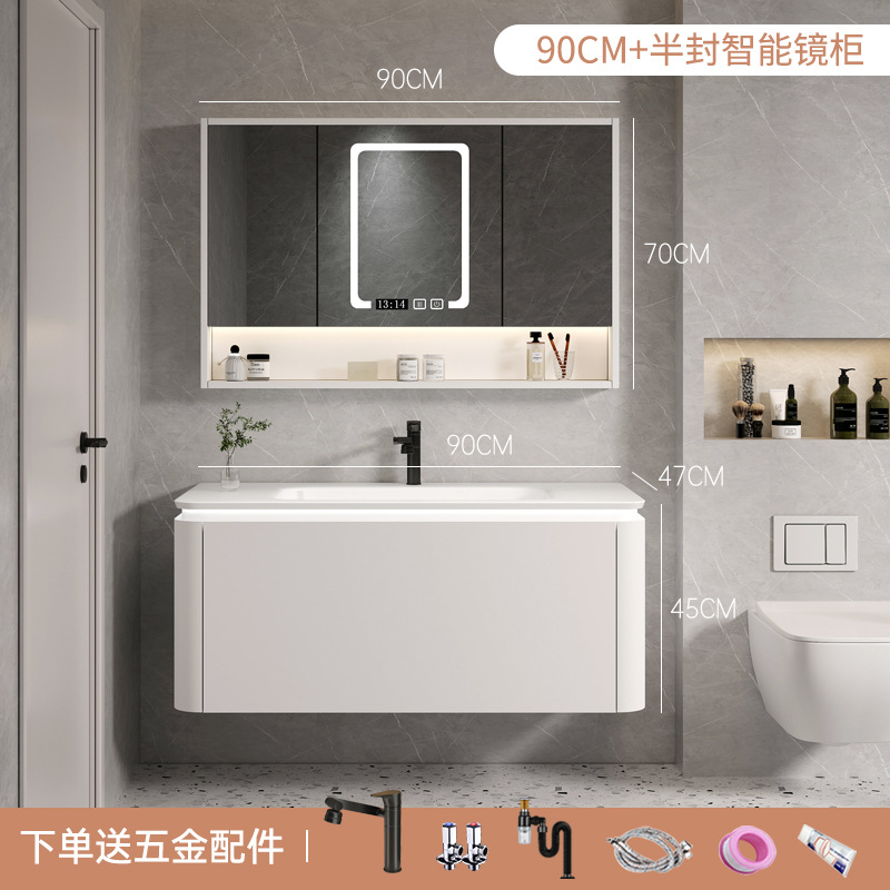 Estilo crema de múltiples capas de madera maciza gabinete de baño combinación baño lavabo mesa de lavado sensación de la piel cuenca inteligente baño espejo gabinete