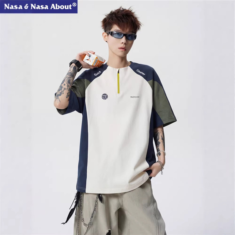 Nasa American High Street Style Color-Blocking Half-Zip Short-Sleeve T-Shirt for Men, Summer Trendy Brand Loose Casual Sports Top for Men