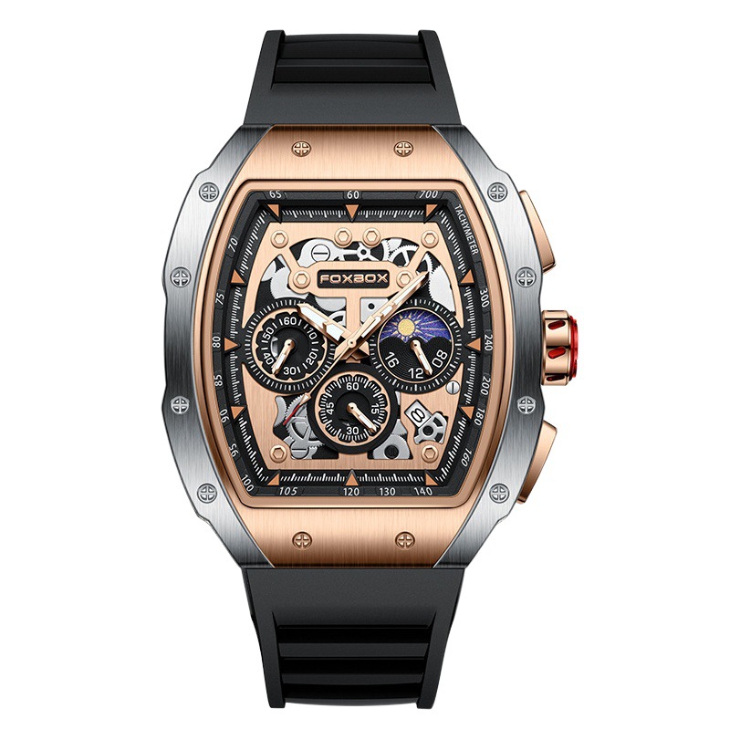 FOXBOX cubo hombres jóvenes deportes multifunción reloj impermeable calendario reloj de cuarzo hueco 0015