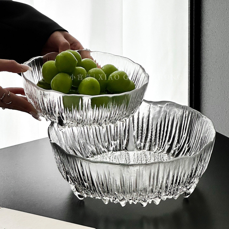 Glacier Glass Fruit Plate, Light Luxury Style Glass Bowl, Large Capacity Household Fruit Salad Bowl, High-End Dessert Bowl Glacier Glass Fruit Plate, Light Luxury Style Glass Bowl, Large Capacity Household Fruit Salad Bowl, High-End Dessert Bowl