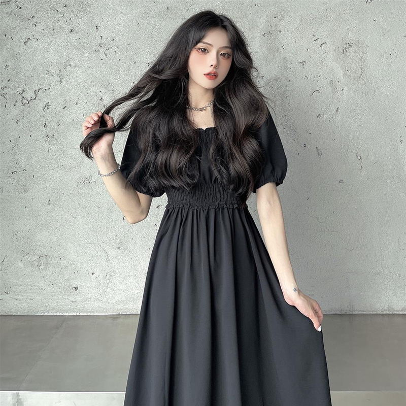 Square collar puff sleeve mid-length dress summer new Korean style loose slimming short sleeve A- line skirt fashion Square collar puff sleeve mid-length dress summer new Korean style loose slimming short sleeve A- line skirt fashion