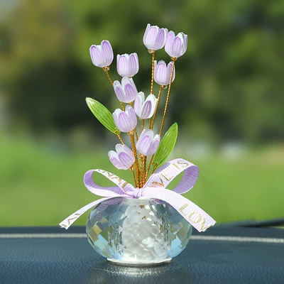 New crystal simulation flower Car ornaments - crystal-base-flowers-tulip-flower-purple