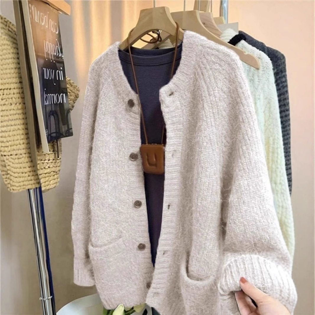 플러스 사이즈 통통녀 소프트 왁스 스웨터 니트 카디건 재킷 여성 가을 레트로 게으른 스타일 느슨한 중간 길이 최고 트렌디