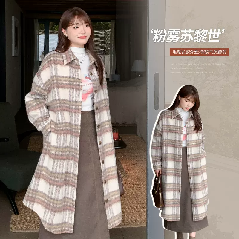 65112丨韩系复古格纹长绒毛呢外套冬胖mm码女装宽松长款遮肉大衣