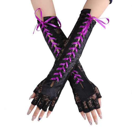 European and American sexy lace strap gloves, long temptation ribbon rivets, half-finger ceremonial ball gloves, nightclub cool