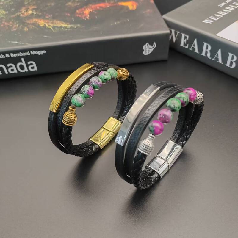 Cross-Border New Style Gold Jewelry Embellished with Colorful Gemstone Beads and Woven Leather Cord Bracelet, Personalized Ethnic Style Trendy Jewelry for Men and Women Cross-Border New Style Gold Jewelry Embellished with Colorful Gemstone Beads and Woven Leather Cord Bracelet, Personalized Ethnic Style Trendy Jewelry for Men and Women