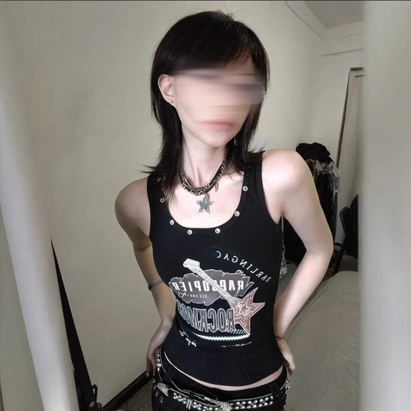 American-style Y2K Vintage Punk Printed Camisole Women's Summer Outer Wear Design Sweet and Hot Tight Short Top