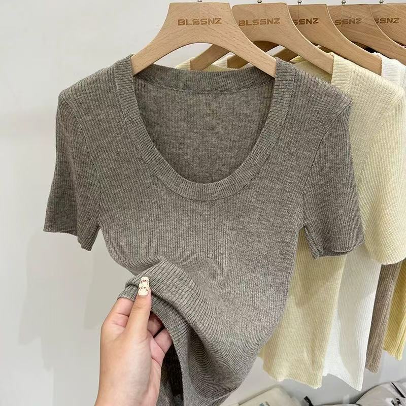 2025 Korean U-Neck Right Shoulder Knitted Short-Sleeved Knitwear for Women Thin Pure Color Versatile Spring Short Top for Women