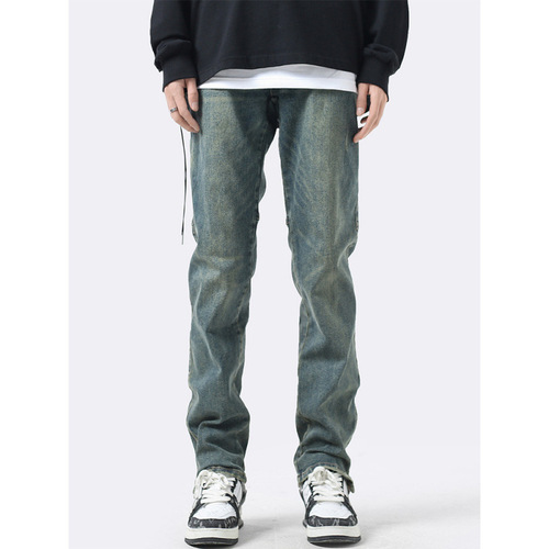 Jeans for men's spring high street vibe fashion brand retro, old, washed zipper, slim, straight casual pants