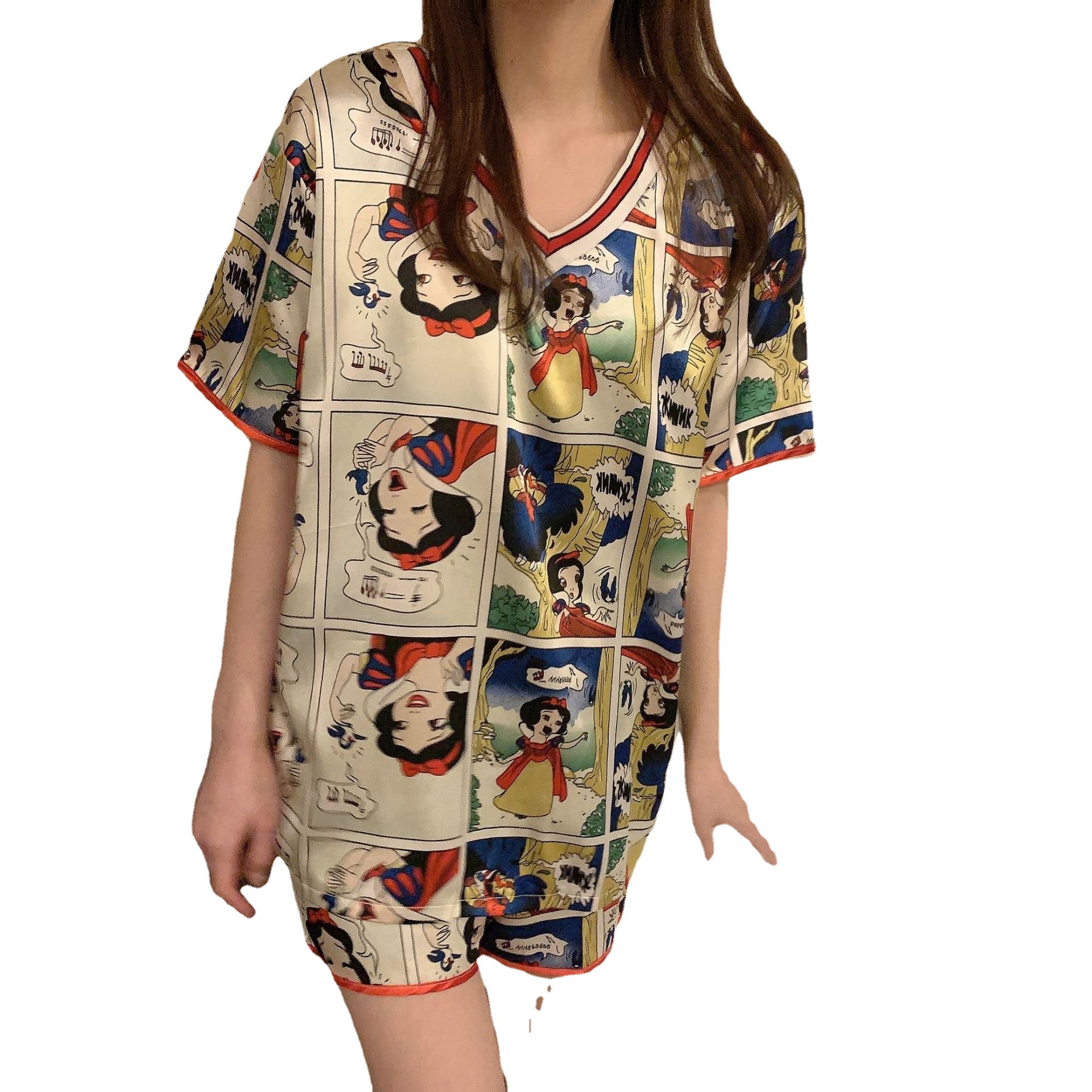 Pijamas de seda helada para mujer, verano 2024, nuevo estilo, pantalones cortos de manga corta, conjunto de cuello en V, ropa de casa, imitación de seda fina. image 6