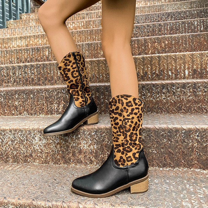 Damenschuhe Stiefel mit spitzer Spitze und dickem Absatz bis zur Mitte der Wade_voghion.com