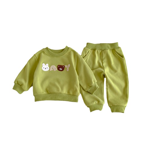 Baby's cute teddy bear letter unisex casual set, two-piece long sleeve t-shirt and pants from Korea