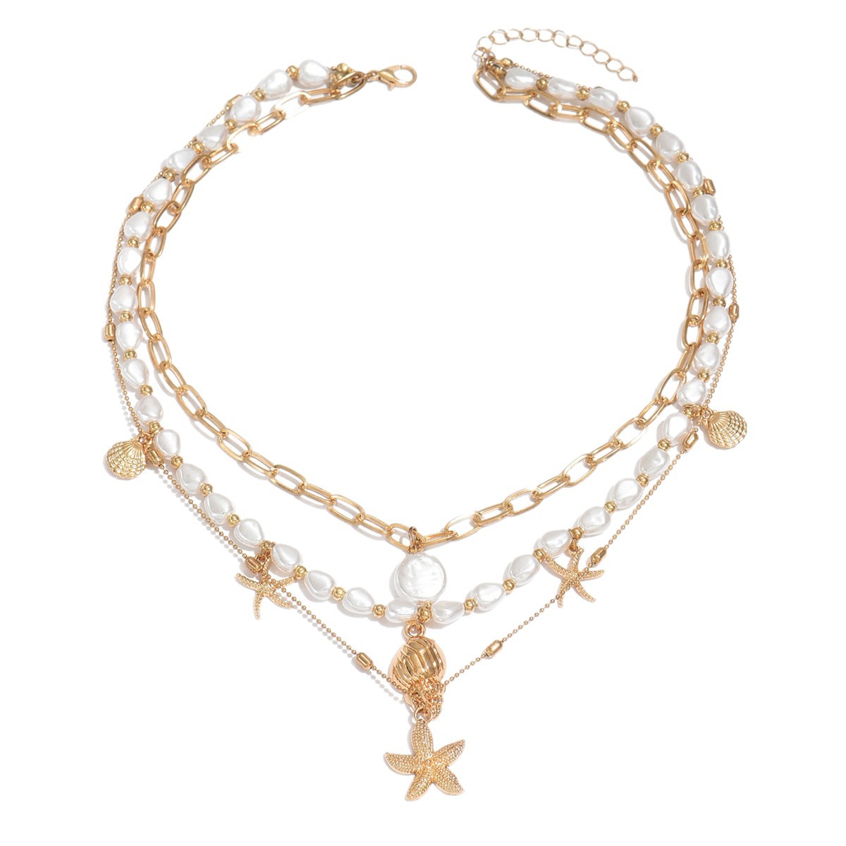 Fashion New Beautiful Summer Beach Starfish Conch Necklace For Women, Multi-Layered Stacking Design,_voghion.com