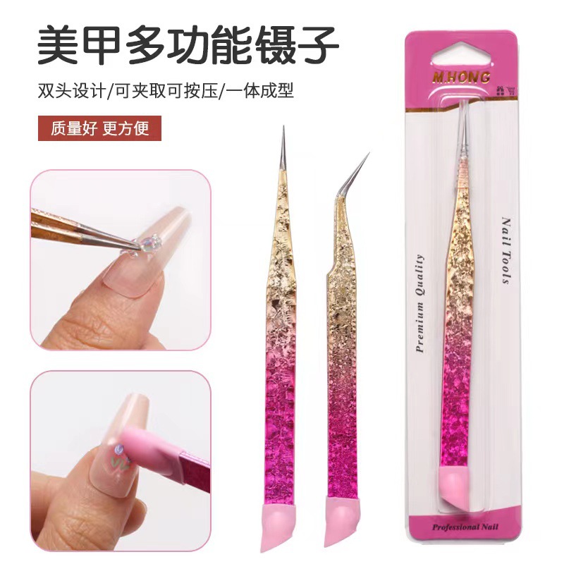 Manicura multifuncional pinzas de doble cabeza clip de uñas cinta adhesiva de silicona presionando palo en relieve herramientas de uñas japonesas