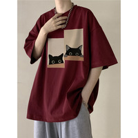 酒红色猫咪短袖T恤男生夏季男士情侣衣服2024新款青少年宽松半袖