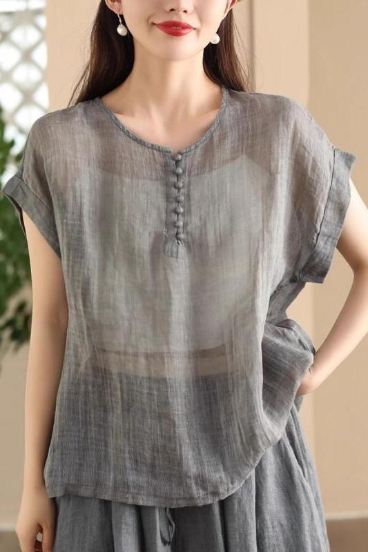 清仓捡漏大牌女装复古植物炒染棉麻衬衣女夏季气质百搭短袖衬衫