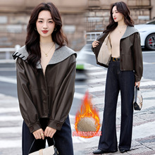 加绒加厚海军领皮衣外套女短款2025秋冬韩版宽松绵羊皮夹克上衣