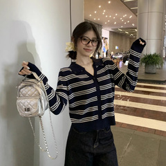 复古条纹翻领长袖针织开衫女2025秋季新款外穿宽松气质高级感上衣