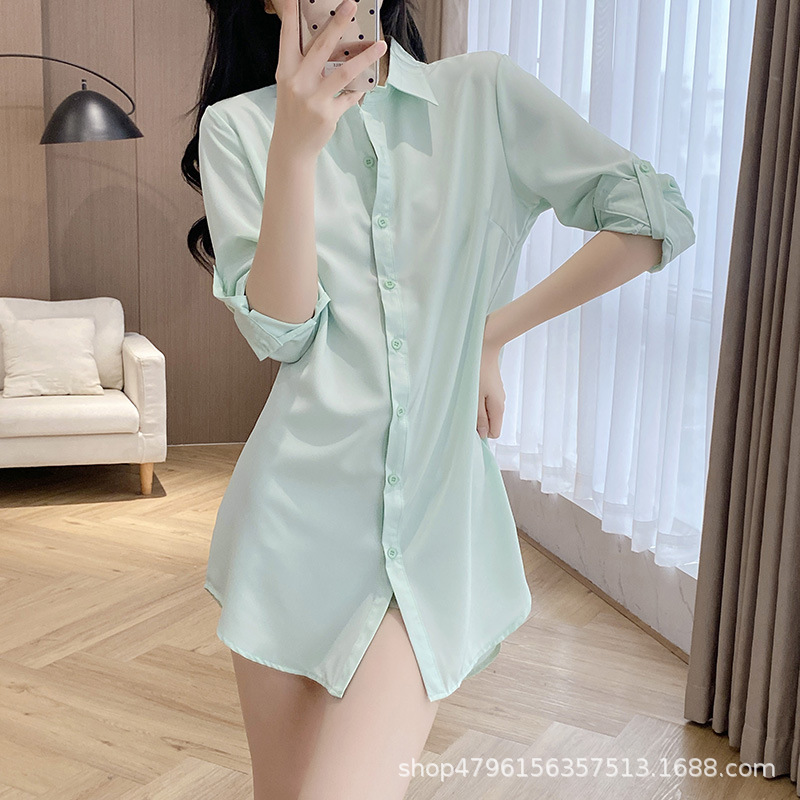 White Shirt Women's Mid-Length Long-Sleeved Shirt Korean Style Casual Boyfriend Style Bf Sexy Pajamas Loose Top Outer Wear