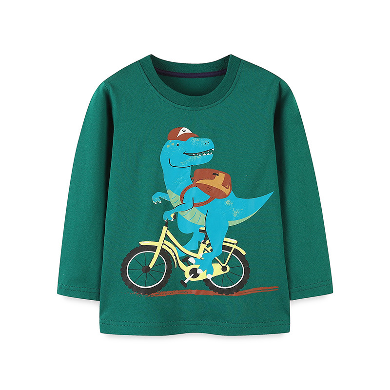 Primavera y otoño para niños camiseta de manga larga estilo europeo y americano dibujos animados dinosaurio impresión chaqueta de cuello redondo para niños camiseta de base
