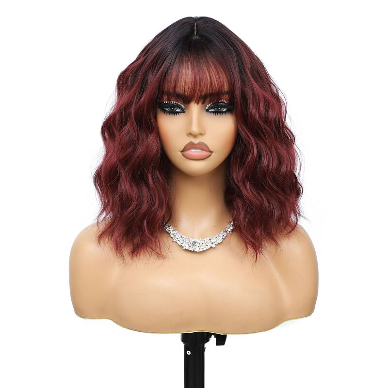 European and American Cross-Border Wig for Women 14inch Burgundy Short Bob Wig with Bangs Short Wig Cap European and American Cross-Border Wig for Women 14inch Burgundy Short Bob Wig with Bangs Short Wig Cap