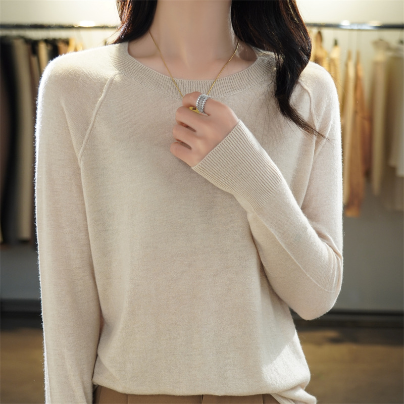 春秋女裝精紡羊毛衫圓領長袖薄款套頭毛衣寬松顯瘦打底衫上衣純色