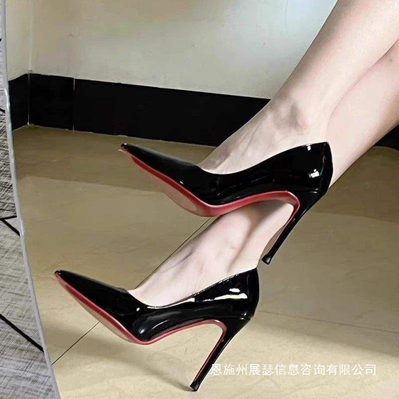 Black High Heels Women's Stiletto Heels 2025 Spring & Fall New Red Bottom Patent Leather Pointed Toe Sexy Professional Work Shoes for Women