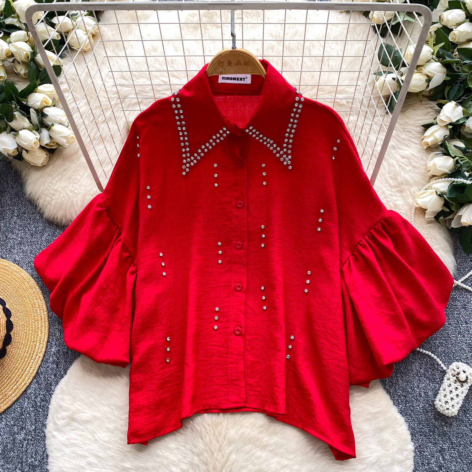 Women's French Style Rhinestone Blouse Summer Lantern Sleeve Cardigan Beaded Collar Loose Fit Versatile High End Top Heavy Duty_ecoleips.com