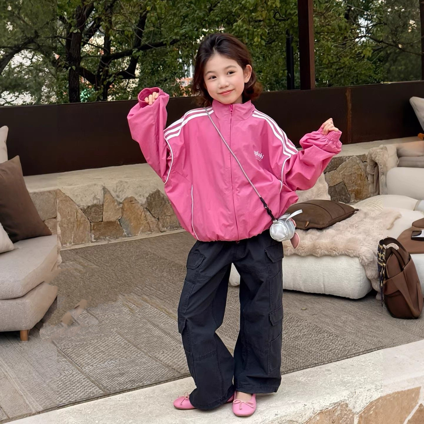Chaqueta deportiva americana para niñas, ropa de primavera, nueva chaqueta de cuello vertical a rayas para niños, rosa, chaqueta casual para niños, moda