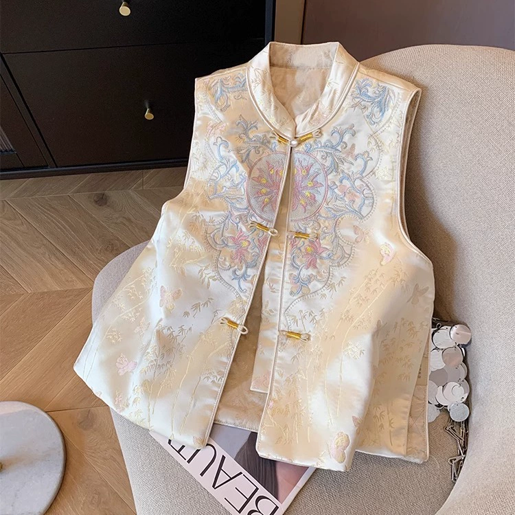 Шампанское Новый китайский вышивка пряжка жилет женский весна и лето 2025 новый национальный стиль высокого уровня темперамент воротник жилет
