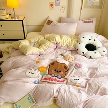 ins卡通秋冬A类磨毛绣花水洗棉四件套床单被套全棉宿舍三件套床笠