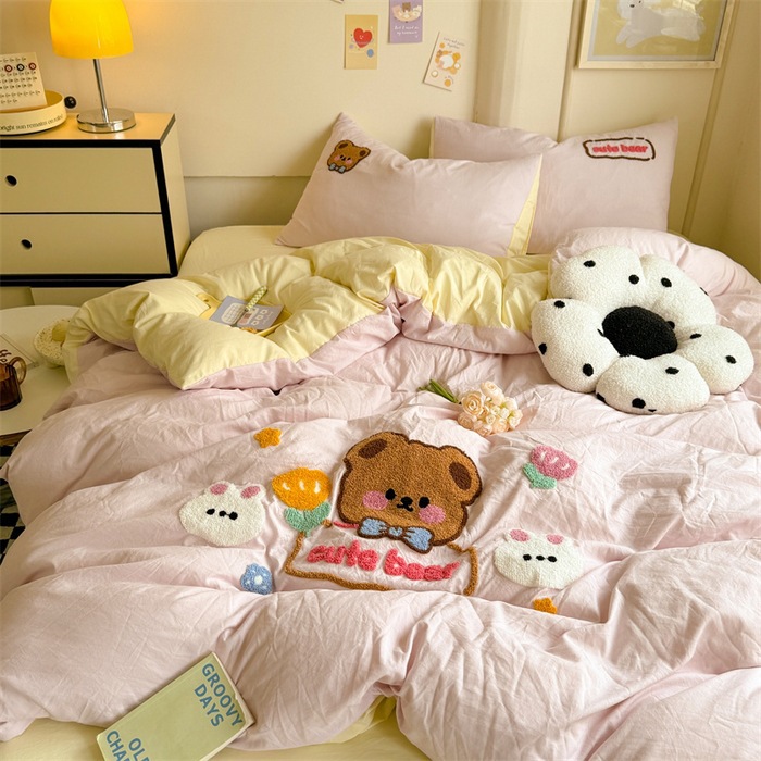 ins卡通秋冬A类磨毛绣花水洗棉四件套床单被套全棉宿舍三件套床笠