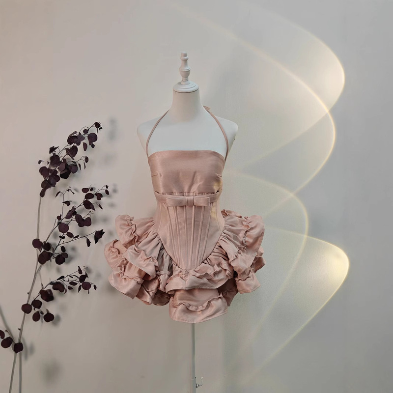 High-End Short-Sleeved French-Style Pink Tube Top Dress, New Summer Style, Waist-Cinching, Slimming Princess Puffy Skirt