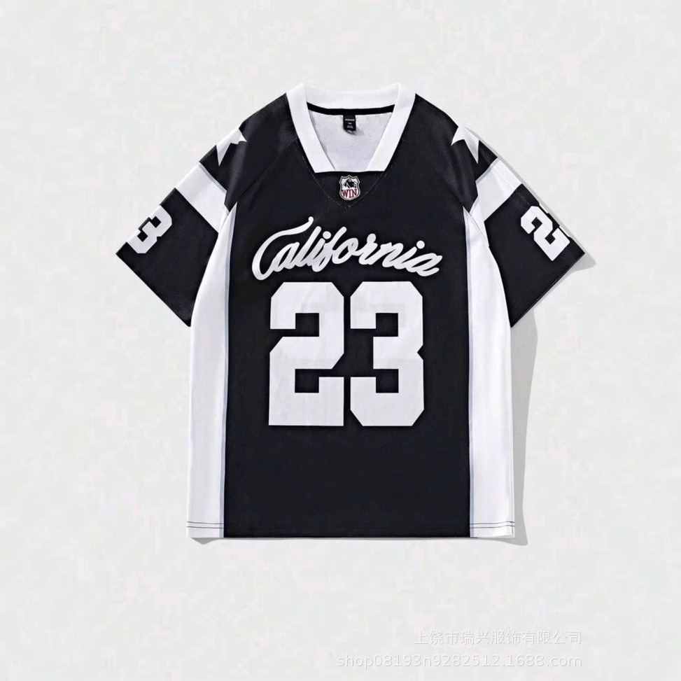 아메리칸 트렌디 브랜드 영숫자 프린트 메쉬 콘트라스트 캐주얼 브이넥 반팔 저지 남성 하이 스트리트 루즈 스포츠 티셔츠